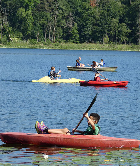Kids kayaking on lake